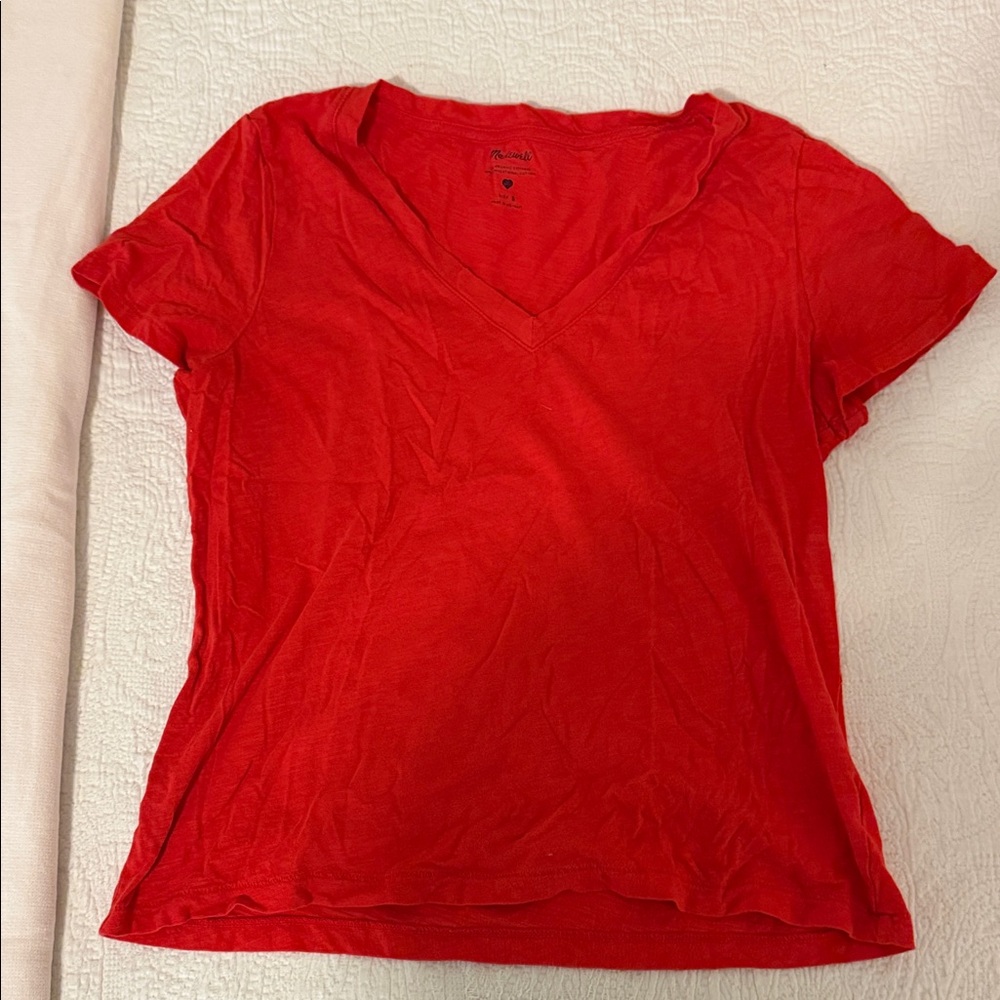 Madewell Bright Red V-Neck Cap Sleeve Tee